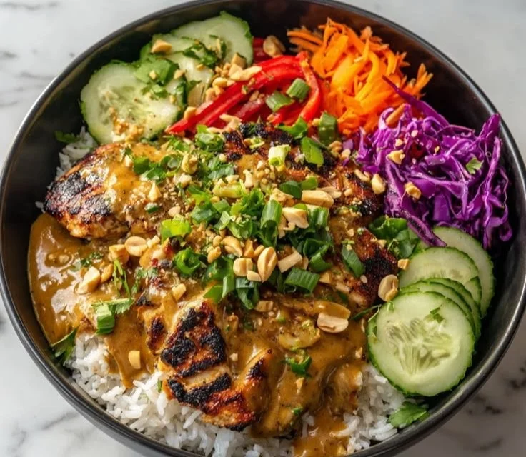 Thai-inspired peanut chicken bowl with vegetables and rice
