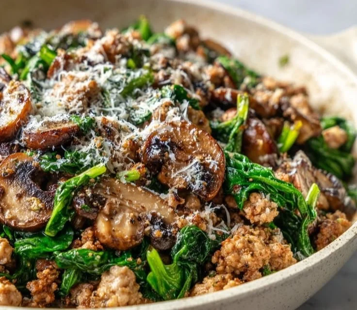 Delicious turkey skillet with spinach and mushrooms in a vibrant pan