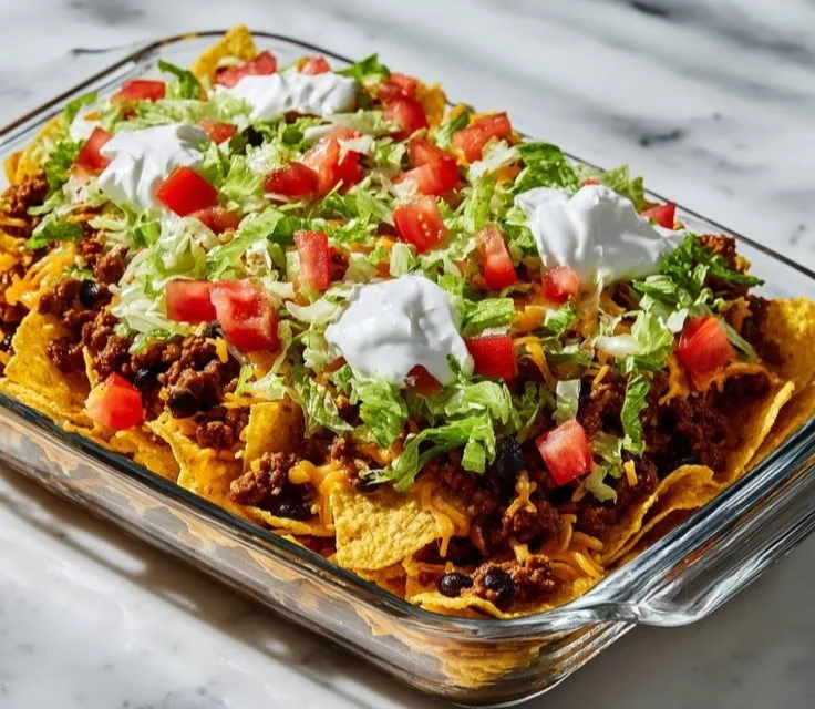 Delicious Walking Taco Casserole served in a colorful dish