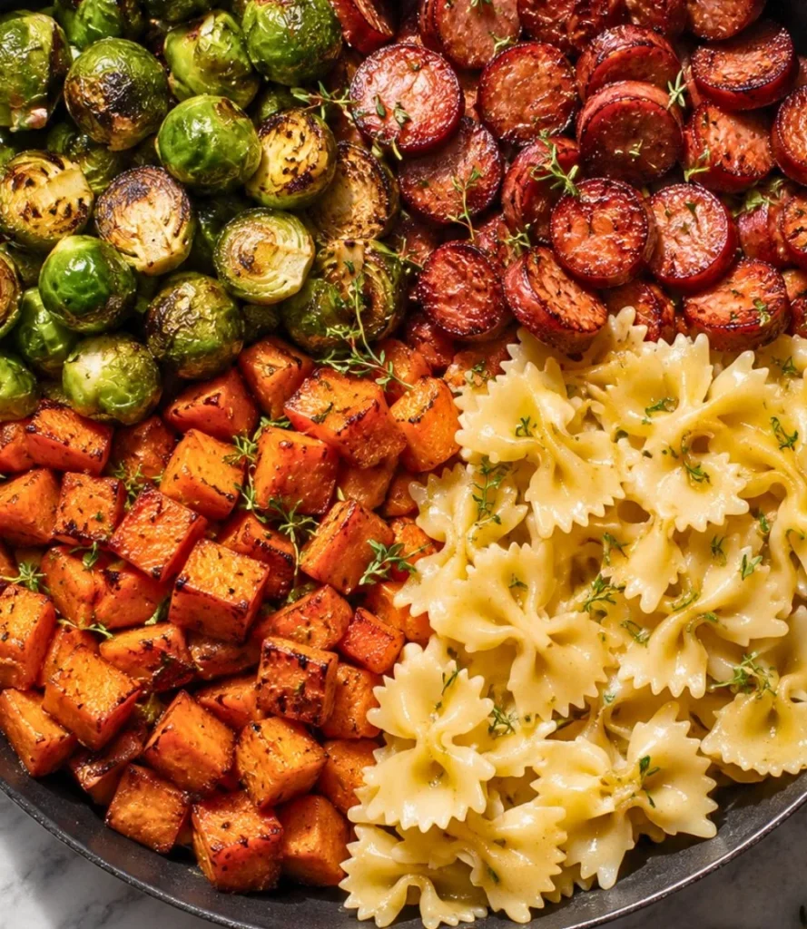 Autumn Comfort Dinner plate with sausage, pasta, Brussels sprouts, and roasted butternut squash