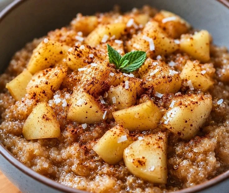 Delicious cinnamon apple breakfast quinoa served in a bowl with fruits