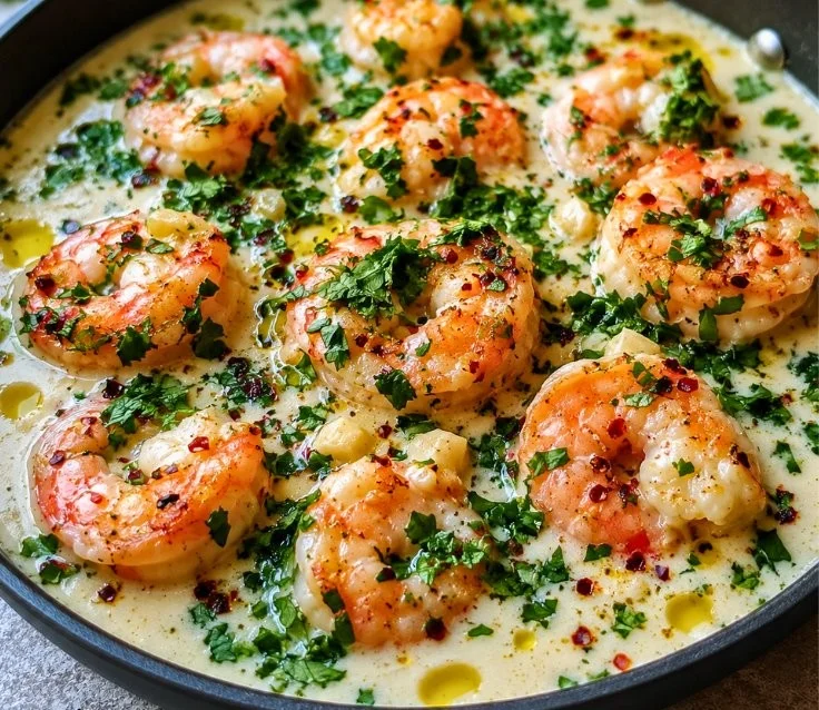 Creamy coconut garlic shrimp served on a plate with fresh herbs and lime