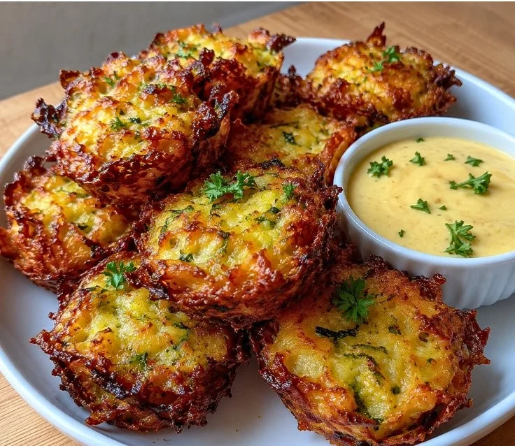 Crispy cheesy baked zucchini tots served on a plate