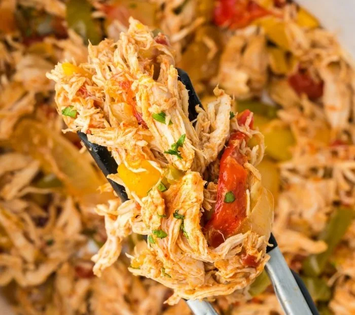 Crockpot Chicken Fajitas made with Rotel in a slow cooker