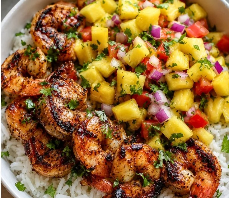 35-minute shrimp rice bowl topped with fresh pineapple salsa