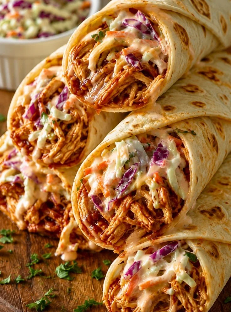 Delicious BBQ chicken wraps with coleslaw for a quick family lunch