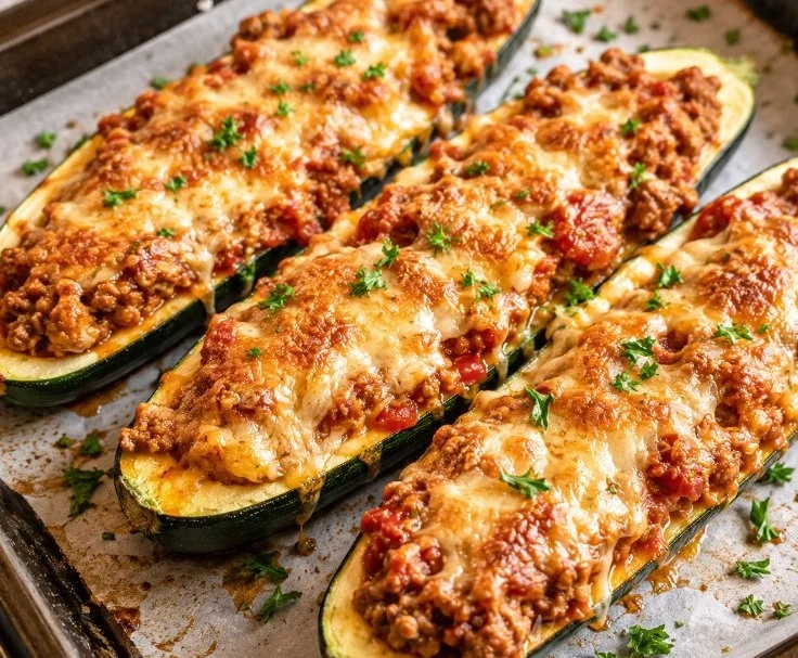 Cheesy ground beef zucchini boats ready for a low carb dinner