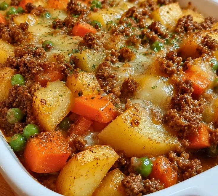 Easy Cheesy Hobo Casserole with ground beef and potatoes ready to serve