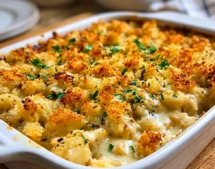 Delicious easy chicken stuffing casserole served in a baking dish