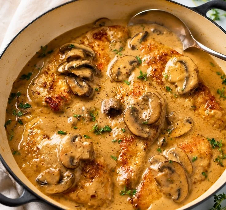 Creamy mushroom chicken skillet served with fresh herbs for a quick family dinner