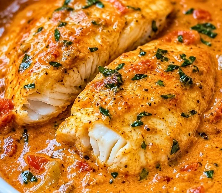 Creamy tilapia fillets served in roasted pepper sauce on a white plate