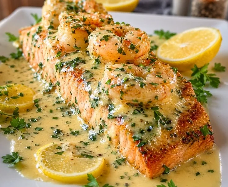 Creamy Tuscan shrimp-stuffed salmon dinner garnished with herbs and lemon.