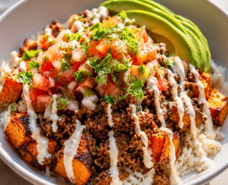 Easy Ground Beef Sweet Potato Taco Bowl garnished with creamy lime crema