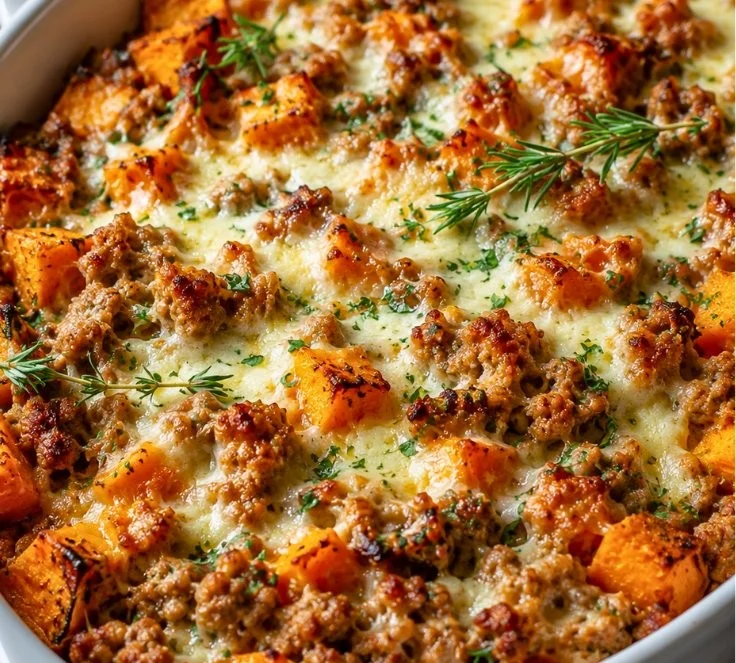Easy Ground Turkey and Sweet Potato Bake served in a dish, healthy family meal