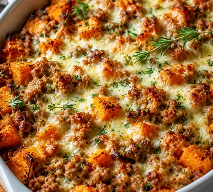 Delicious ground turkey sweet potato bake served in a colorful dish