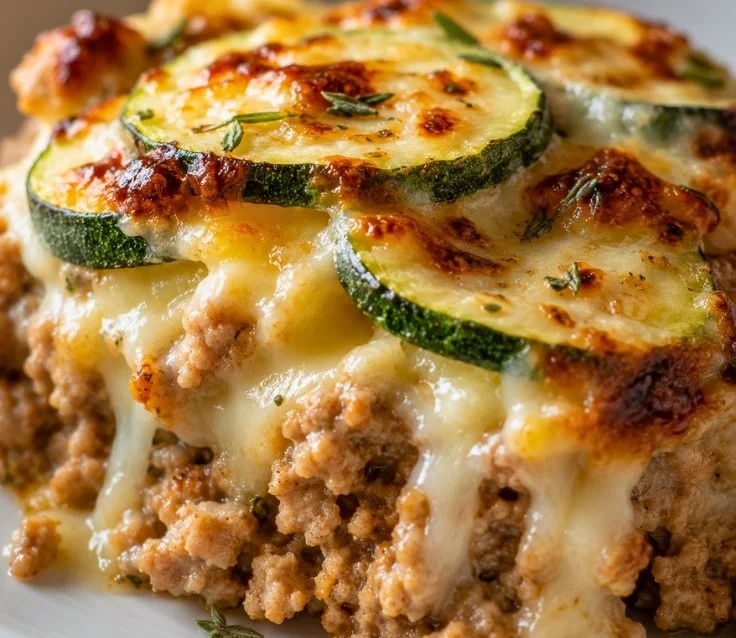 Healthy ground turkey zucchini casserole served in a baking dish