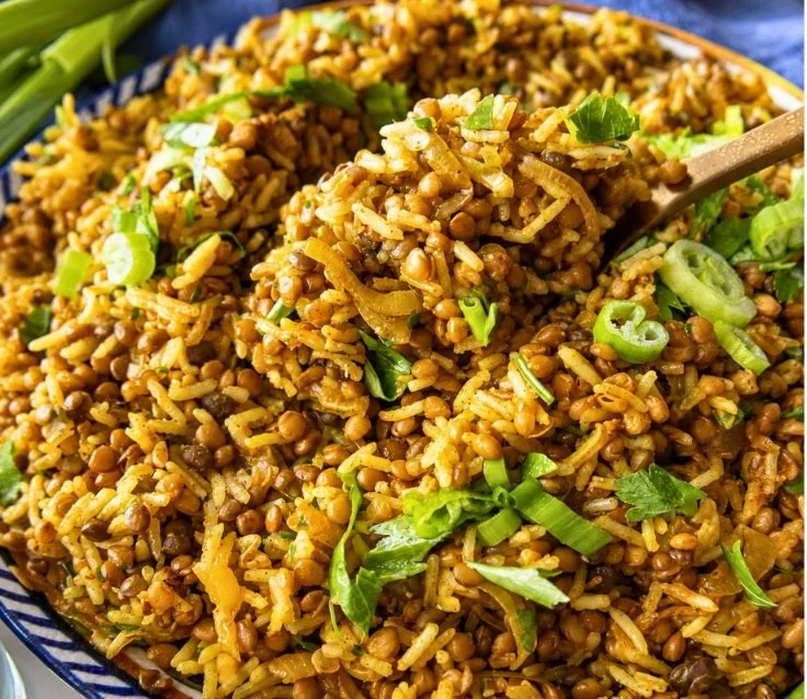 Delicious Mediterranean lentils and rice served in a bowl, perfect vegetarian dinner