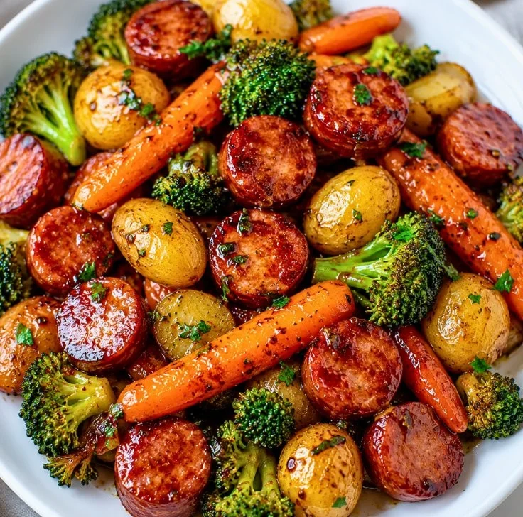 One-pan honey garlic kielbasa with colorful veggies for a healthy dinner