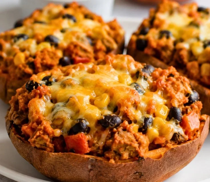 Delicious easy turkey stuffed sweet potatoes topped with herbs and spices