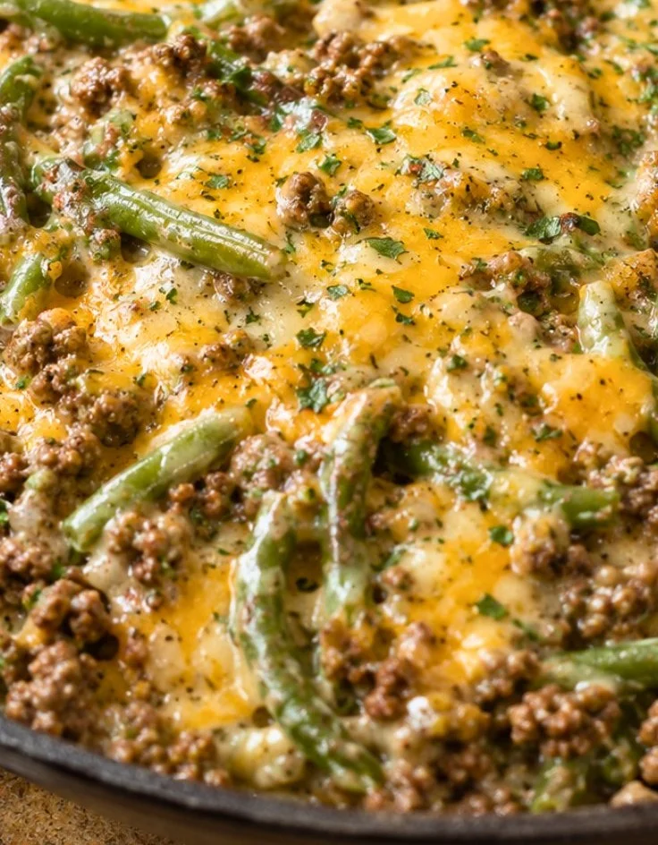 Hamburger Green Bean Casserole with Mushrooms in a baking dish