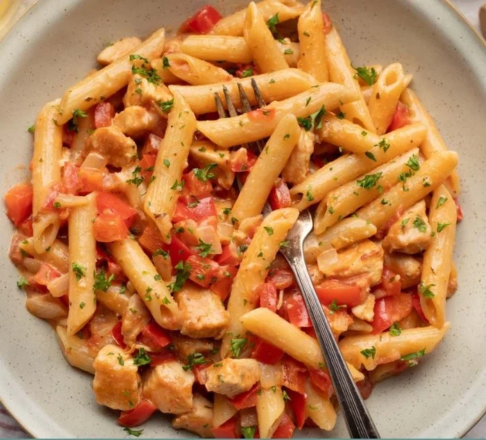 Healthy Cajun Chicken Pasta dish with colorful vegetables and flavorful spices