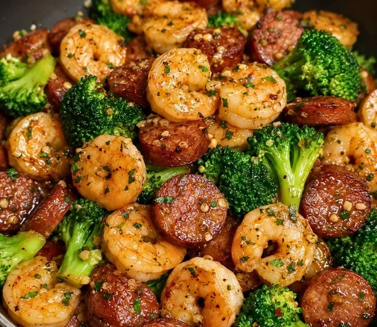 Healthy honey garlic shrimp with sausage and broccoli in a skillet