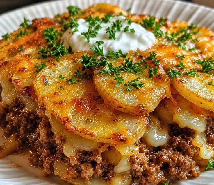 Healthy Loaded Beef and Potato Bake served for a family dinner