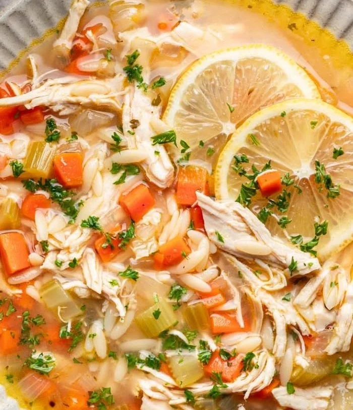 High Protein Lemon Chicken Soup with 28g protein served in a bowl