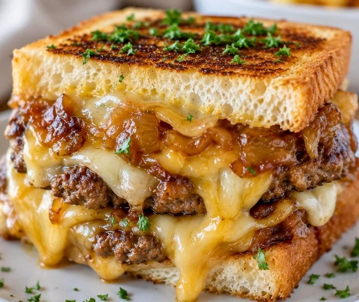 Juicy grilled cheese burger sandwich with melted cheese and golden bread