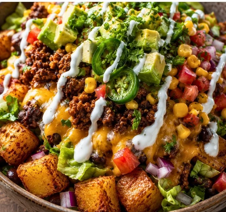 Loaded Taco Potato Bowl with toppings for a family-friendly dinner