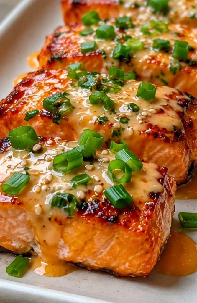 Deliciously baked Bang Bang Salmon served on a plate with colorful garnish.