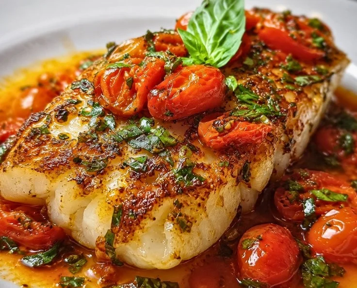 Plate of Mediterranean Cod in Tomato Basil Sauce garnished with fresh basil leaves