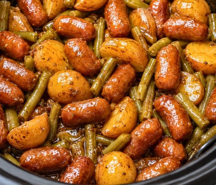 Crockpot beef sausages with potatoes and green beans in a one-pot dish