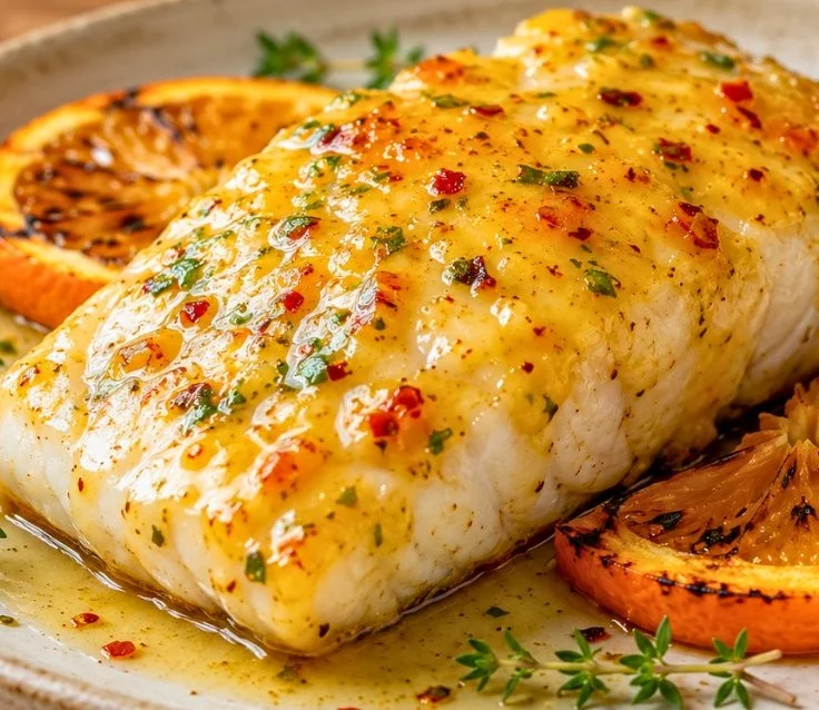 Orange Dijon Grilled Halibut served on a plate with garnishes