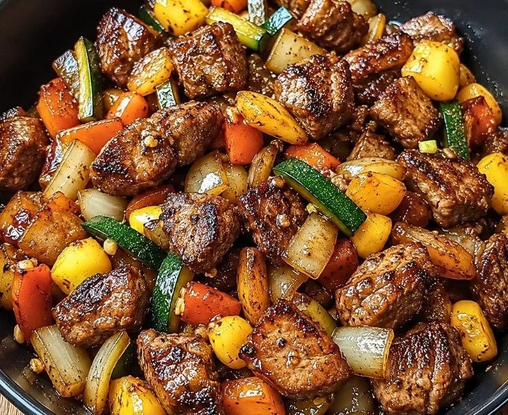 Delicious cowboy stir fry cooked on a Blackstone grill.