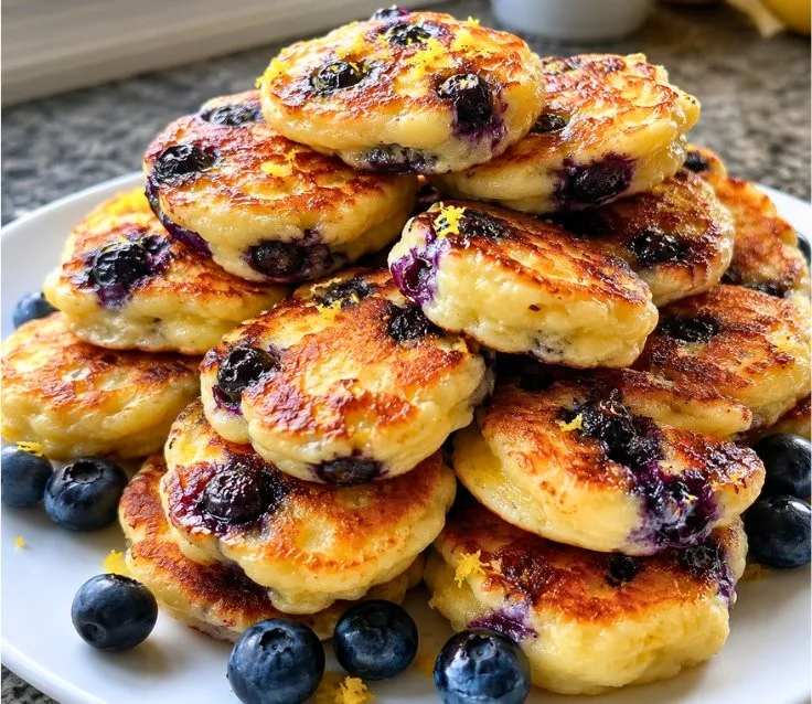 Delicious lemon blueberry pancakes served on a skillet with fresh blueberries