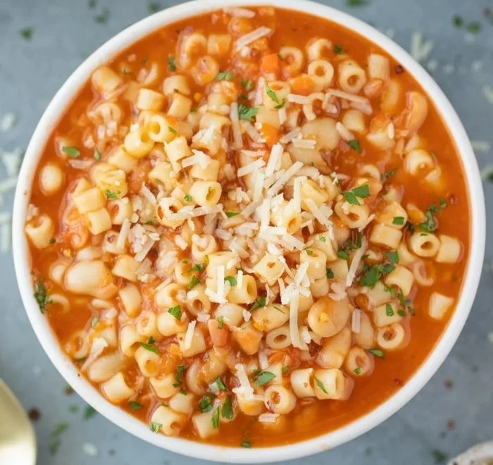 Bowl of delicious Pasta Fagioli with beans and pasta