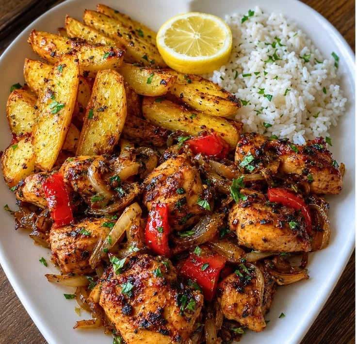 Delicious Caribbean Herb Chicken served with rice and crispy potato wedges